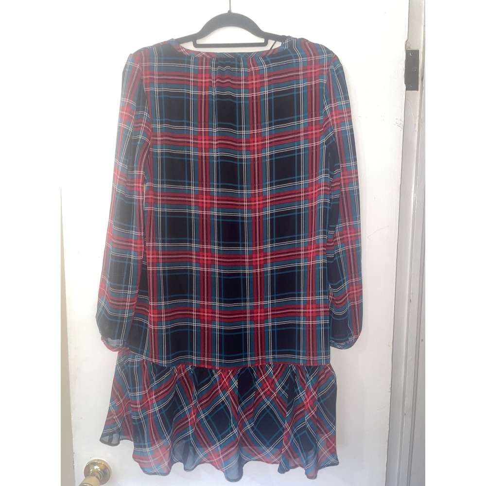 NWT Draper James Tie Neck Flounce‎ Shift Dress Plaid Red Navy Teal Women's M - Picture 2 of 10